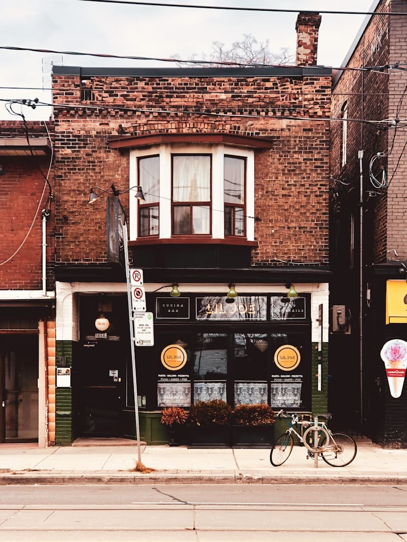 Leslieville, Toronto, brick storefronts on Queen Street East